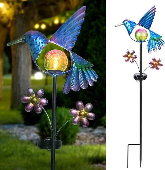 Afirst Solar Garden Stake Lights - Outdoor Waterproof Decorative Solar Hummingbird LED Warm Crackled Glass Globe Lights for Walkway, Pathway, Yard, Lawn Afirst