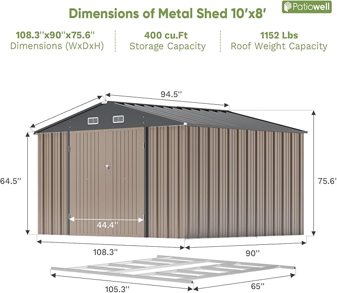 Patiowell 10 x 8 FT Outdoor Storage Shed with Floor Frame, Large Garden Tool Metal Shed with Sloping Roof and Double Lockable Door for Backyard Garden Patio Lawn,Brown Patiowell