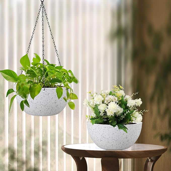 8 inch Hanging Planters for Small Indoor Outdoor Plants, 2 Pack Hanging Flower Pots with Drainage Holes and Chain for Garden Porch, Plastic Hanging Baskets for House Plants, Speckled White Meowell