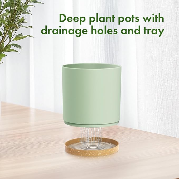 8/7/6 inch Plant Pots, 3 Pack Cylinder Flower Pots for Outdoor Indoor Plants, Decorative Plastic Planters with Drainage Holes and Saucers for Garden House Plants, Green with Brown Meowell