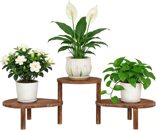 Convex Corner Plant Stand Indoor Outdoor, Wood Adjustable Plant Shelf, Long Flower Stand for Small Apartment Living Room Balcony, Carbonized Color Jotboom