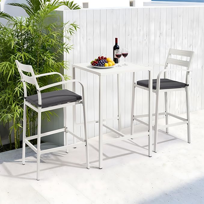 VINGLI 3-Piece Outdoor Bar Set, Aluminum Bar Height Table & 2 Chairs with Cushions, Counter Height Patio Furniture for Backyard, Poolside, Garden, Bistro, Indoor Outdoor Use (White) VINGLI