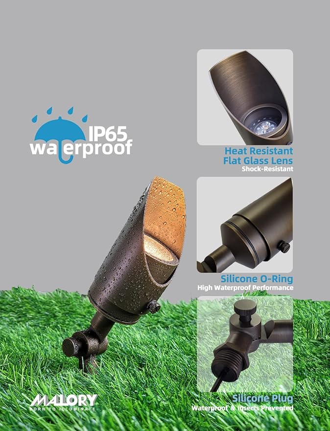 MALORY Brass Landscape Spotlight 1-Pack with MR16 Bulb Kit(S04), Low Voltage 12V AC/DC Shroud Adjustable Outside Yard Lighting,PVC Ground Stake and Wire Connector Included, 5W 2700K Warm White MALORY