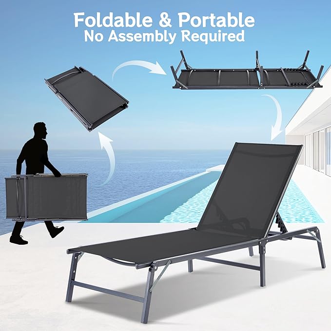 Outdoor Chaise Lounge Chair Set of 2, Foldable & Assemble-Free, 6 Adjustable Positions, Durable Rust-Resistant Frame, Portable Outdoor Pool Lounge Chairs for Pool Patio Beach, Black HOMELYM