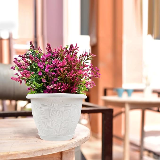 Plastic Flower Pots Planters for Indoor Plants, 4 Pack 12 Inch White Plant Pots with Drainage Hole & Tray, Modern Decorative Large Plant Pot with Saucer for Indoor Outdoor Plants Garden House Planter Fodetyff