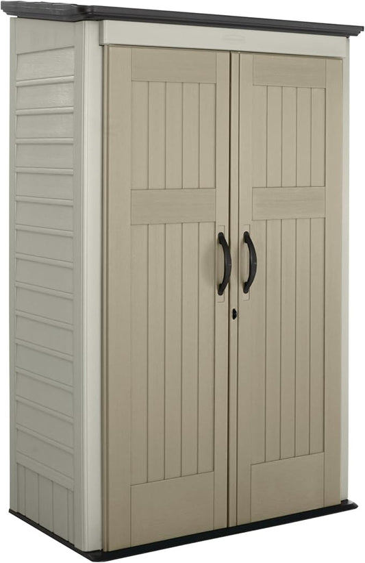 Rubbermaid Vertical Resin Outdoor Storage Shed With Floor (4 x 2.5 Ft) Weather Resistant Beige/Brown Organization for Home/Backyard/Pool Chemicals/Toys/Garden Tools/Porch/Patio Cushions Rubbermaid