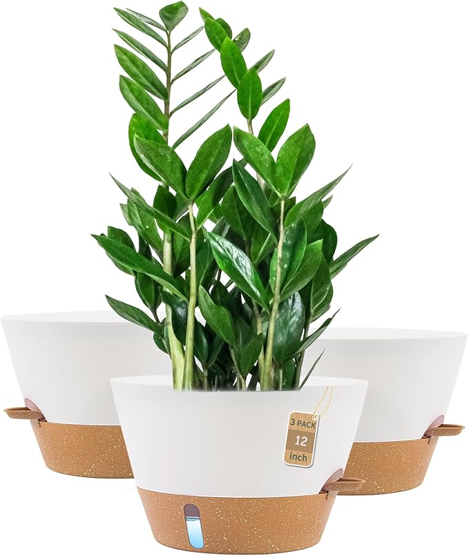 12-Inch Self Watering Planters with Drainage Holes, Large Flower Pots for Indoor Outdoor Plants, Garden Pots White 3 Pack FIASON