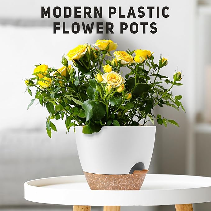 12 Inch Large Self Watering Plant Pot Set, Flower Pots with Multi-Mesh Drainage Holes and Saucer, Suitable for Indoor and Outdoor Garden Plants, White. AFamilyofGardenLovers
