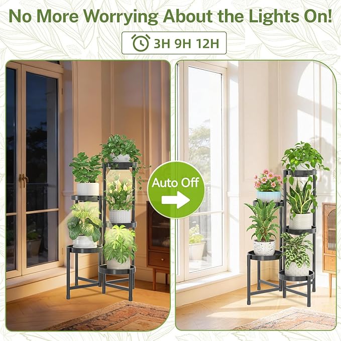 iDavosic.ly Plant Stand Indoor with Grow Light, 5 Tier Corner Metal Flower Display Holder Shelf, Easy Assembly Folding Tall Orchid Rack for Patio Balcony Porch Garden Living Room House, Black iDavosicly
