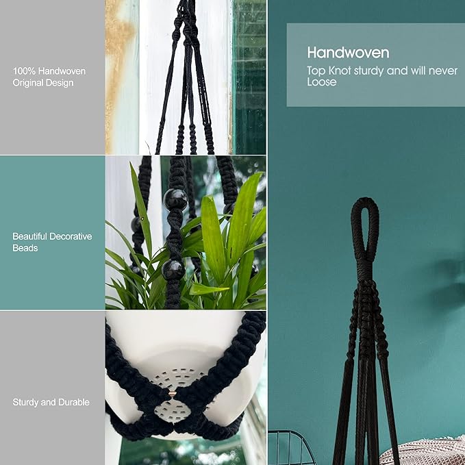 RIFNY Macrame Plant Hanger for 5 to 10 Inch Plant Pots, 35 Inch Indoor Handmade Woven Rope Hanger Kits with Hooks and Wood Beads, Hanging Planter Basket Holder for Boho Home Decor (Black, 3 Pack) RIFNY