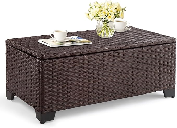 VINGLI Outdoor Coffee Table with Storage, All-Weather Dark Brown Wicker Patio Table for Garden, Balcony, Backyard VINGLI