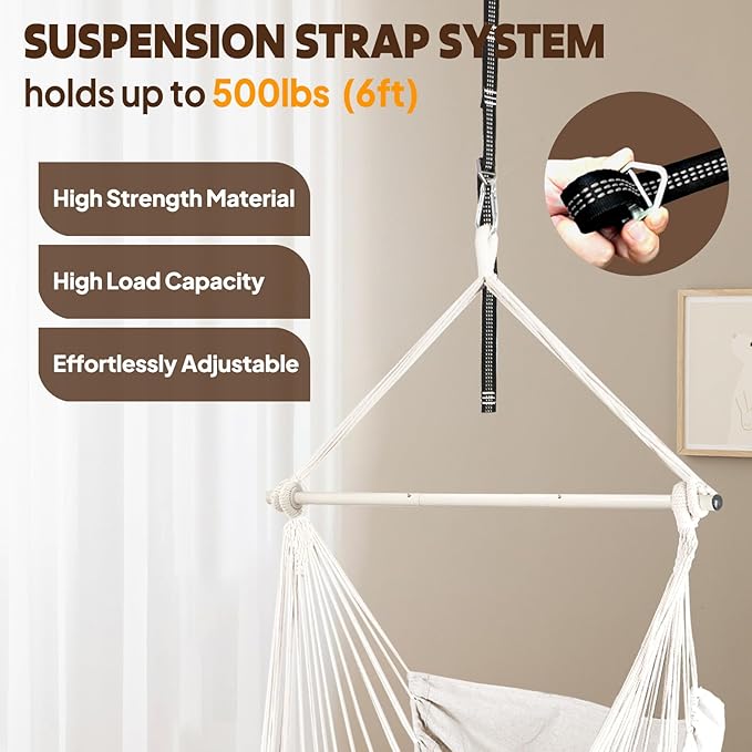 Chihee Hammock Chair 4.9ft x 3.9ft Max 500 Lbs Widen Hanging Swing 2 Cushions Included Metal Spreader Bar with Anti-Slip Grooves Portable Comfy Hanging Chair Side Pocket Bohemian Chair Indoor Outdoor Chihee