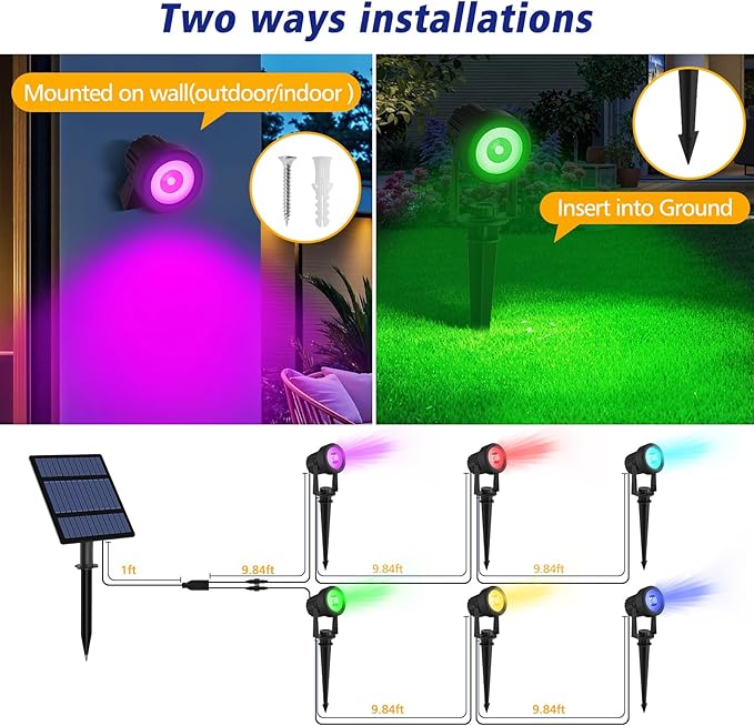 T-SUNUS RGB Solar Spot Lights Christmas Outdoor 6-in-1, Color Changing Landscape Spotlights Pond Lighting Waterproof IP65 9.8ft Cable for Tree Patio Pathway Yard Garden Wall Flag Halloween Holiday T-SUNUSLighting