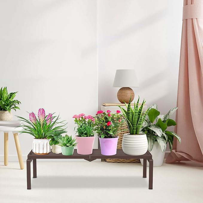 1 Tier Metal Plant Stand Indoor Outdoor, Potted Multiple Flower Pot Holder Rack Plant Shelf, Heavy Duty Planter Display Shelving for Patio Balcony Garden Living Room Decorative (Brown) Gouisalin