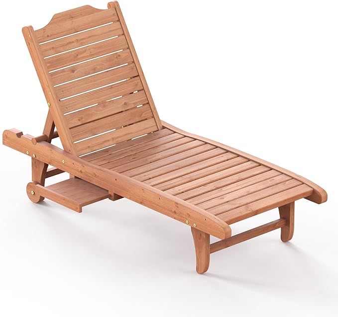 Wooden Chaise Lounge Chair, 3-Position Adjustable Outdoor Tanning Chair with Hidden Side Tray & Wheels, Poolside Patio Sun Chair EUNHOO