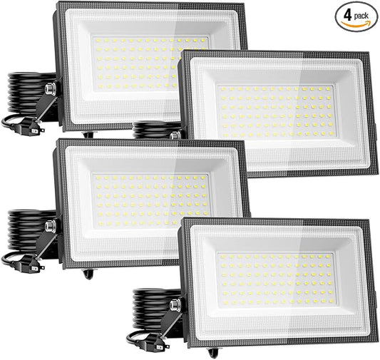 110W Flood Lights Outdoor, LED Work Light with Plug, Daylight White 6500K LED Flood Light, IP66 Waterproof Exterior Security Lights for Yard Garage Stadium 4 Pack Meloght