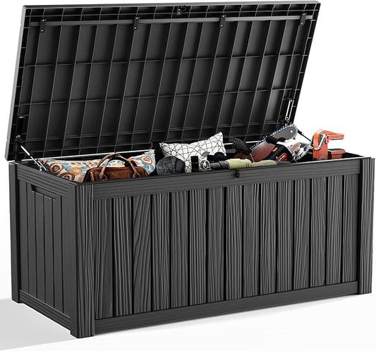 ROJIK 150 Gallon Outdoor Storage Box Waterproof - Patio Furniture Outside Deck Box, Garden Tools, Cushions, Pool Accessories Storage Bench with Lockable Lid and Side Handles (Black, 150 Gal) ROJIK