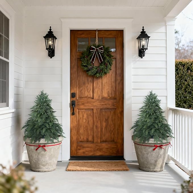 Artificial Cypress Topiary Cedar Trees with Ground Spike, 2 Pieces Fake Pine Shrubs Bushes, UV Resistant Faux Evergreen Tree Plants for Indoor Outdoor Planters Front Porch FEELTHENEWWORLD