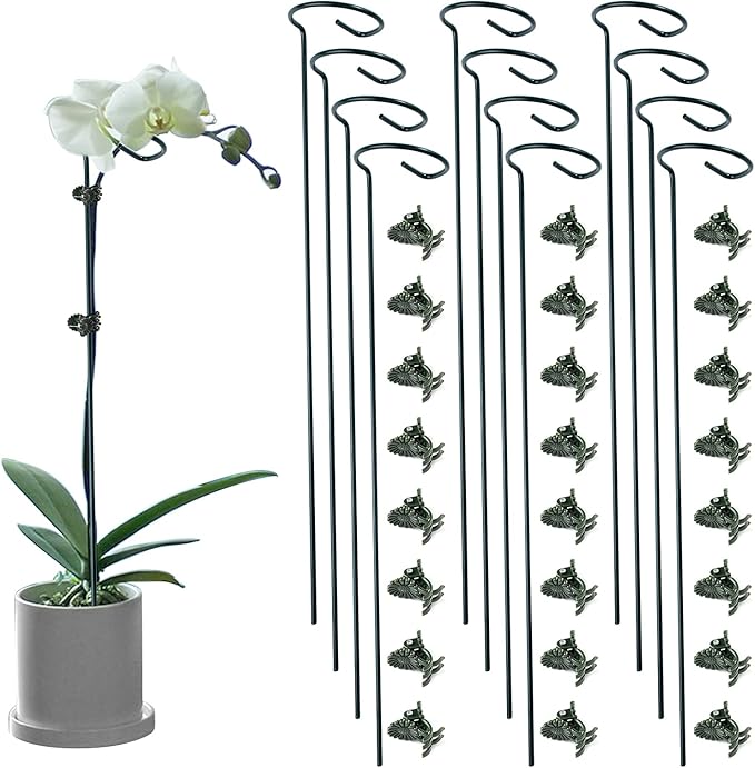 12 Pack Plant Support Stakes with 24 Pcs Plant Clips, Garden Single Stem Support Stake, Plant Cage Support Ring for Indoor Outdoor Flowers Rose Amaryllis Tomatoes Peony Lily Orchid (16 Inch) Auaok