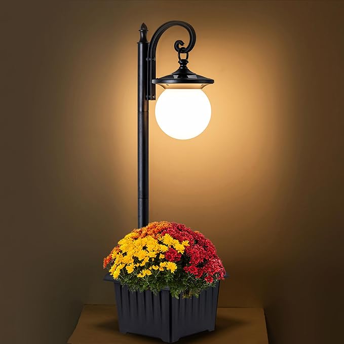 Outdoor Post Light with Planter, Matte Black Solar Lamp Post Light with Globe Shade, 2 in 1 Waterproof Solar Post Lights Outdoor Planter for Outside Gardan Pathway YonaveilLighting
