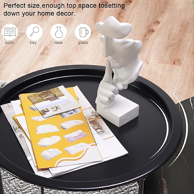 Garden 4 you End Table 2 PCS Metal Side Table Black Round Folding Tray Cyan Sofa Small Accent Fold-able Table, Round End Table Tray, Next to Sofa Table, Snack Table for Living Room and Bed Room Garden4you