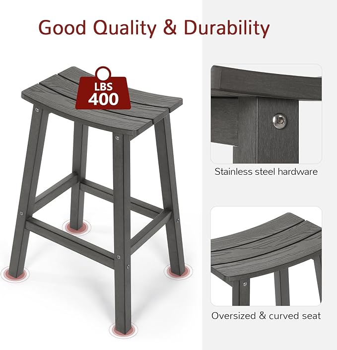 All-Weather Bar Stools Set of 2, 28" Height Outdoor Bar Stools, Never Rot or Fade, for Bar, Kitchen Counter, Deck, and Patio, Grey Stoog