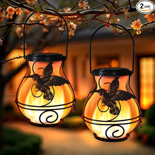 2 Pack Solar Lanterns Outdoor Waterproof Flickering Flame Lights Hummingbird Metal Hanging Solar Lantern Patio Porch Garden Decoration X-PREK