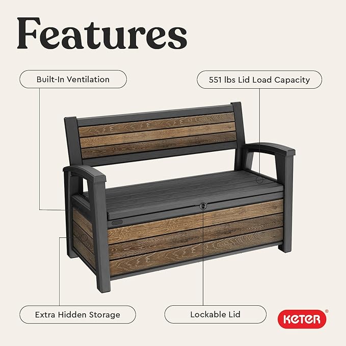 Keter Signature 60 Gallon Storage Bench Deck Box for Patio Furniture, Front Porch Decor and Outdoor Seating – Perfect to Store Garden Tools, Walnut Keter
