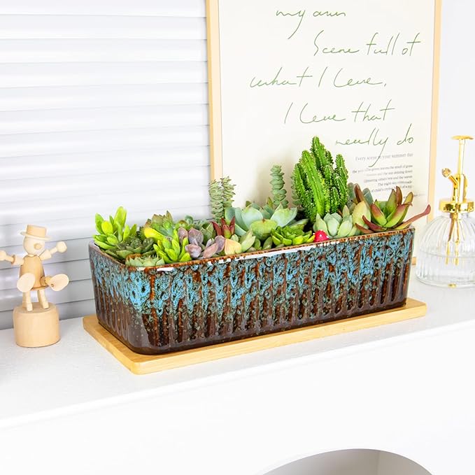 Succulent Pots - 12 Inch Large Succulent Planters with Drainage Tray, Window Sill Planter, Long Rectangle Ceramic Pots for Indoor Cactus Plants Shallow Bonsai Window Box for Home Garden Decor ARTKETTY