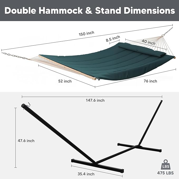 SUNCREAT Hammocks Two Person Hammock with 12ft Stand Included, Max 475lbs Capacity, Heavy Duty Free Standing Hammock, Dark Green SUNCREAT