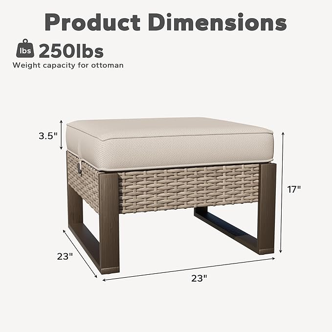 Joyside Outdoor Patio, All-Weather PE Rattan Ottomans Footstools with Removable Cushions & Anti-Rust Wood-Looking Legs for Garden, Backyard, Porch, Deck (Beige) Joyside