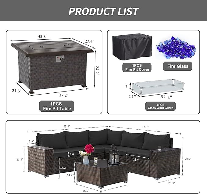 Kullavik 7 Pieces Outdoor Patio Furniture Set with 43" 55000BTU Gas Propane Fire Pit Table PE Wicker Rattan Sectional Sofa Patio Conversation Sets,Black KULLAVIK