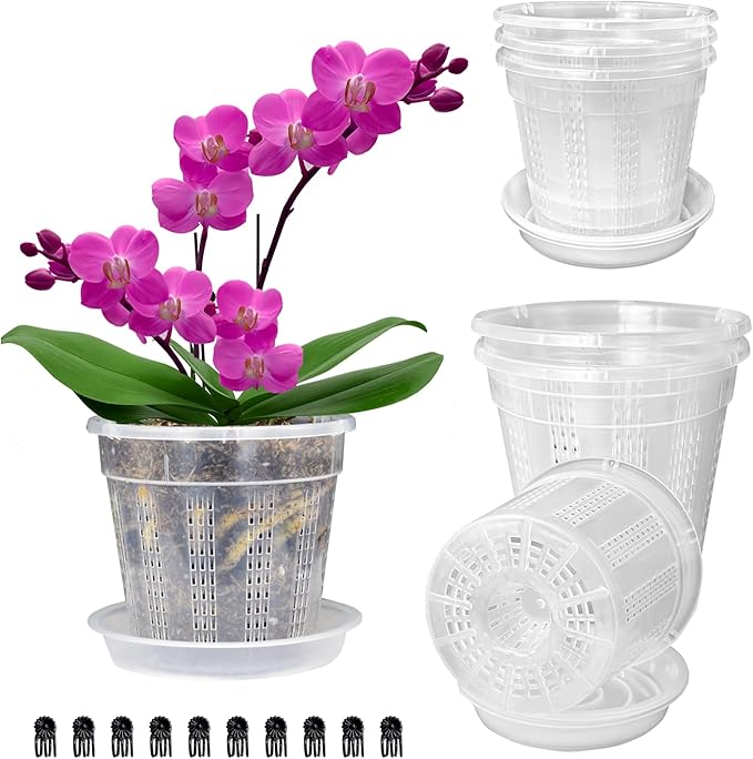 Orchid Pot with Saucers, 6 Packs of 5.5" Orchid Pots with Holes, Orchid Pots for Repotting, Plastic Orchid Planter for Indoor Outdoor Plants (6 Packs, 5.5" with Saucers) HOLANHING