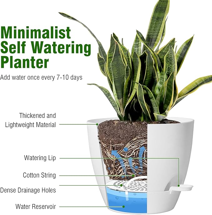 12/10/9 inch Large Self Watering Pots, Plant Pots with Mesh Drainage Holes for Indoor Outdoor Garden Plants, Flower Pots with Removable Deep Reservoir, Set of 3 Plastic Planters, White WSMKSZ