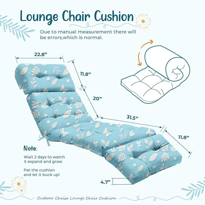 4 Pack Outdoor Chaise Lounge Chair Cushion 75.1 x 22.8 x 4.7 Inches 100% Waterproof Replacement Cotton Patio Pool Lounge Chair Cushion for Outdoor Furniture with Ties, Blue Butterfly Uthem