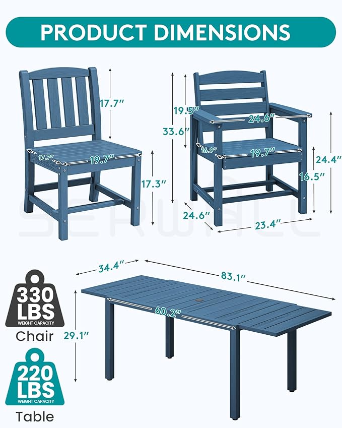 SERWALL 9-Piece Outdoor Dining Set, 60" - 83" Expandable Outdoor Dining Table and 8 HDPE Chairs, All Weather HDPE Outdoor Furniture Set for Backyard, Garden, Blue SERWALL