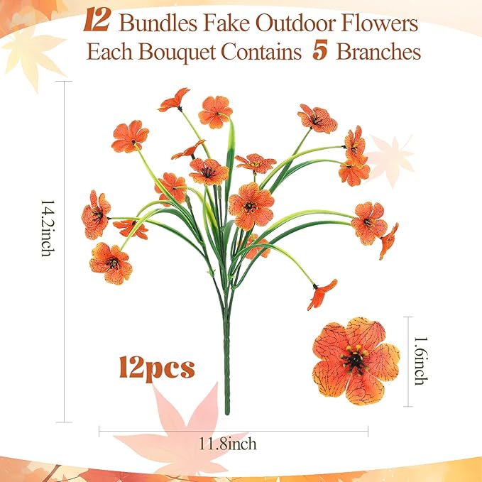 MACTING Artificial Fall Flowers for Outdoors 12 Bundles Faux Mums Plants Fake Silk Outdoor Flowers UV Resistant No Fade for Planters Front Door Porch Patio Outside Thanksgiving Autumn Decor,Orange MACTING