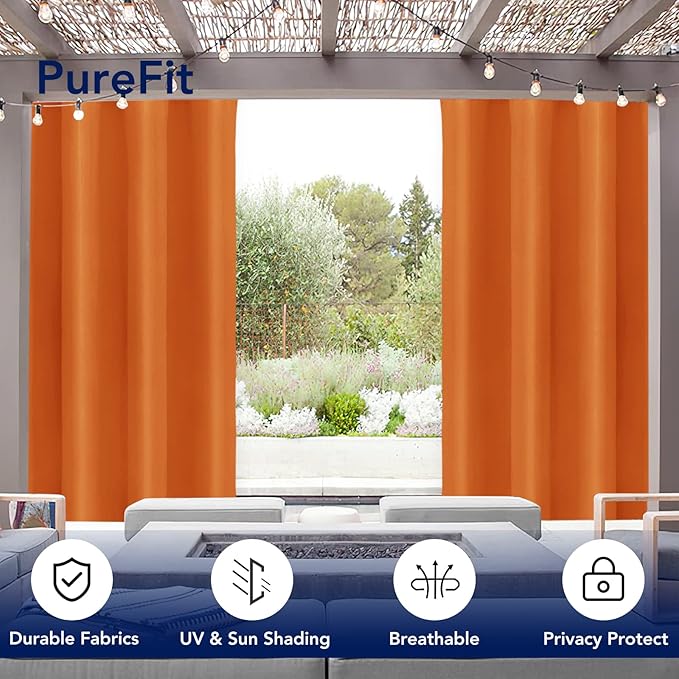 PureFit Outdoor Curtains for Patio Waterproof Weatherproof, UV Resistant Outside Curtains for Gazebo, Front Porch, Pergola, Sun Blocking Privacy Curtain, 52W x 120L inch, 1 Panel, Orange PureFit