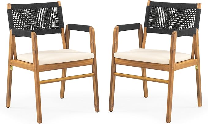 Christopher Knight Home Pasco Acacia Wood Outdoor Dining Table Set for 6, Wicker Patio Dining Set with Acacia Wood Table and Bench, Patio Table and Chair Set with Cushion+Rope Backrest,Black+Teak+Grey ChristopherKnightHome