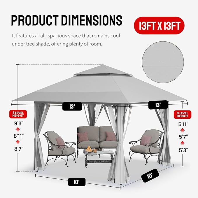 CROWN SHADES 13x13 Pop Up Gazebo, Canopy Tent, Gazebos on Clearance - Outdoor Gazebo for Backyard & Patio Furniture - Carpa Pop Up Tent with Wheeled STO-N-Go Cover Bag (Grey) CrownShades