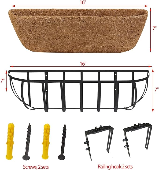 4 Pack 16" Railing Planter Window Box with Coco Fiber Liner Horse Trough Planter The Railing Planters Boxes for Deck Porch Fence Outdoor Rootora