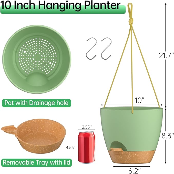 ZMTECH 10 Inch Hanging Planters for Indoor Outdoor Plants, 2 Pack Self Watering Hanging Plant Pots with Drainage Holes and Removable Saucer, Plastic Flower Hanging Pots with Watering Lip (Green) HighQualityGardeningTools