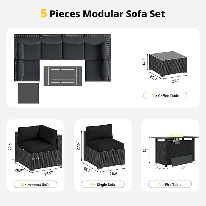 Aoxun Patio Furniture Set with Fire Pit Table, 8 Piece Outdoor Sectional Sofas, Wicker Rattan Outdoor Furniture with Thickened Cushion for Backyard, Garden Black Aoxun
