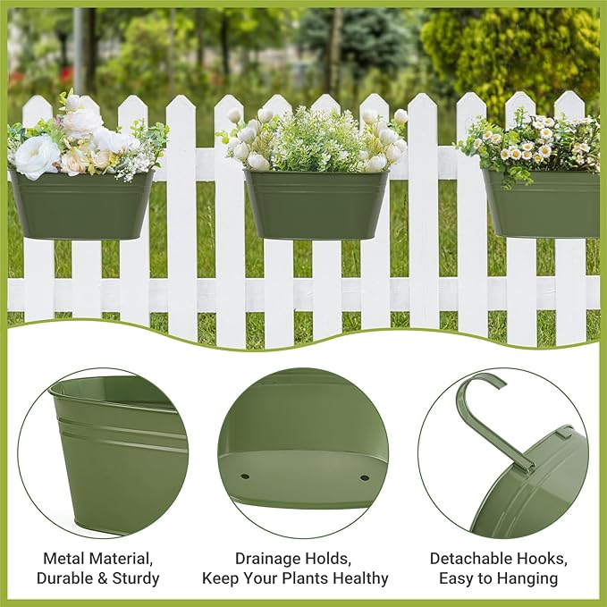 Dahey 10.5 Inch Metal Iron Hanging Flower Pots for Railing Fence Hanging Bucket Pots Countryside Style Outdoor Planter Window Flower Plant Holder with Detachable Hooks Home Decor,Green,3 Pcs Dahey