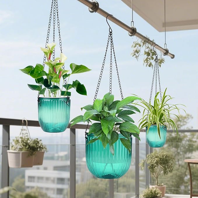 4 Pack Self Watering Hanging Planters with Drainage Holes –Hanging planters for Indoor Plants, Flowers, Succulents – Lightweight, Durable Hanging Baskets Green Rootora