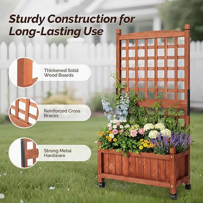 VINGLI Wooden Planter with Trellis, 50" Height Elevated Garden Beds Outdoor with Wheels, FreeStanding Planter Box with Drainage Holes for Flower, Vegetable, Fruit, Herb in Garden, Patio, Balcony (1) VINGLI