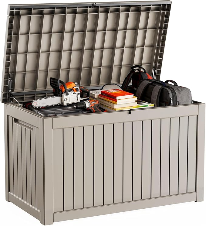 DRATO 280 Gallon Deck Box, Waterproof Resin Large Outdoor Storgae Box for Patio Furniture, Patio Cushions, Gardening Tools, Pool Supplies, Lockable（Gray，280 Gallon） DRATOprovidesawarmandcozy