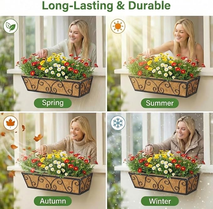 Y&M 24 Inch Window Deck with Coco Liner, Fence Metal Hanging Flower Planter Window Basket Deck Railing Planter Boxes for Outdoor Garden Lawn-Butterfly, 6pcs YM