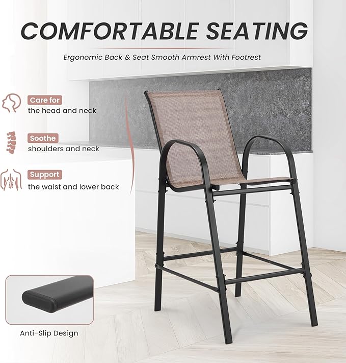 HOMREST Outdoor Bar Height Stools Set of 8,High Back Patio Chairs with Armrests,Textilene Chairs with Breathable Fabric & Metal Frame for All Weather,Taupe HOMREST