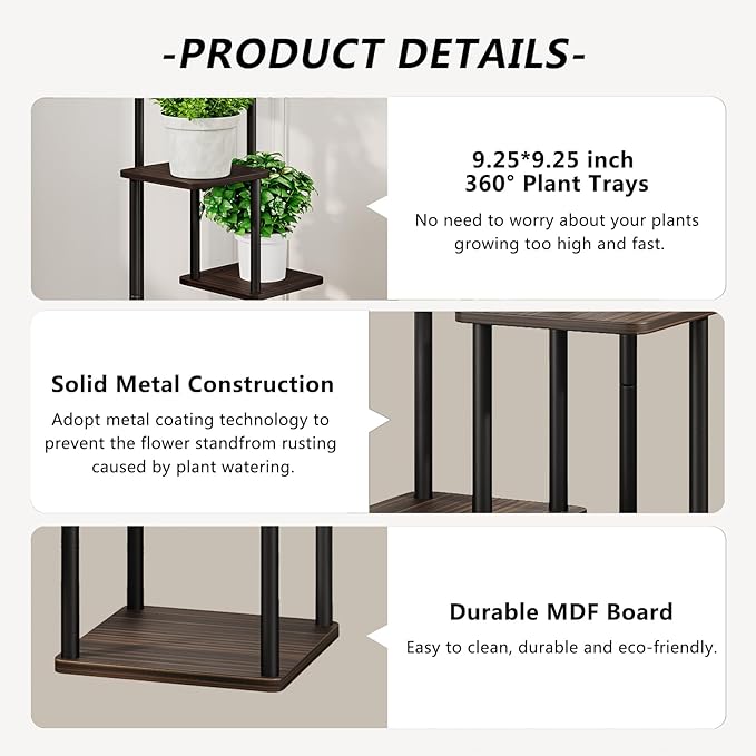 AZERPIAN Plant Stand 4 Tier Indoor Metal Flower Shelf for Multiple Plants Corner Tall Flower Holders for Patio Garden Living Room Balcony Bedroom, Black oak AZERPIAN